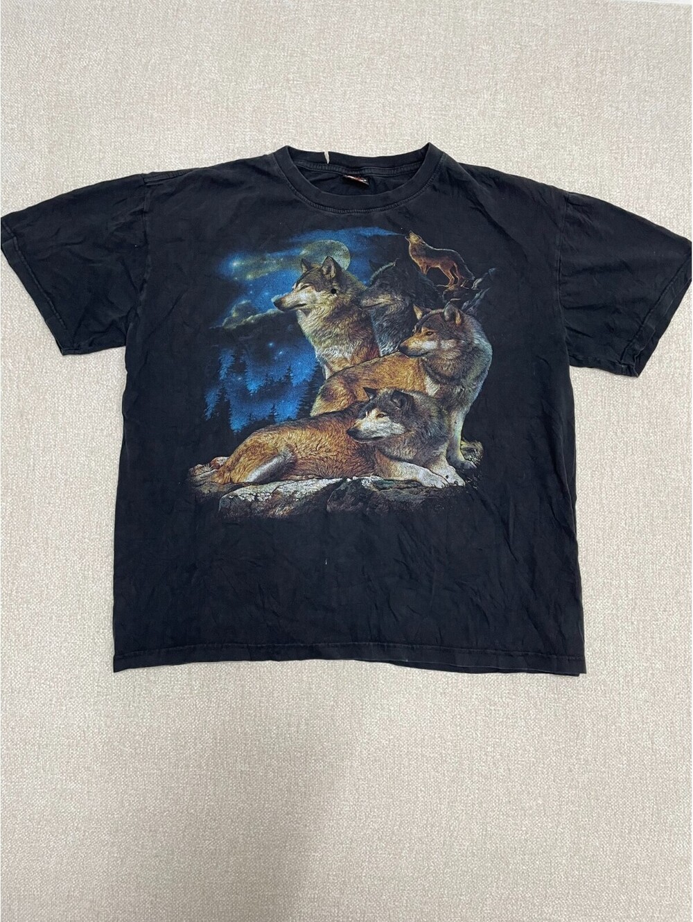 Vintage Hot Rock Mens Large Black Distressed Both Sides Wolf Pack Graphic Tshirt